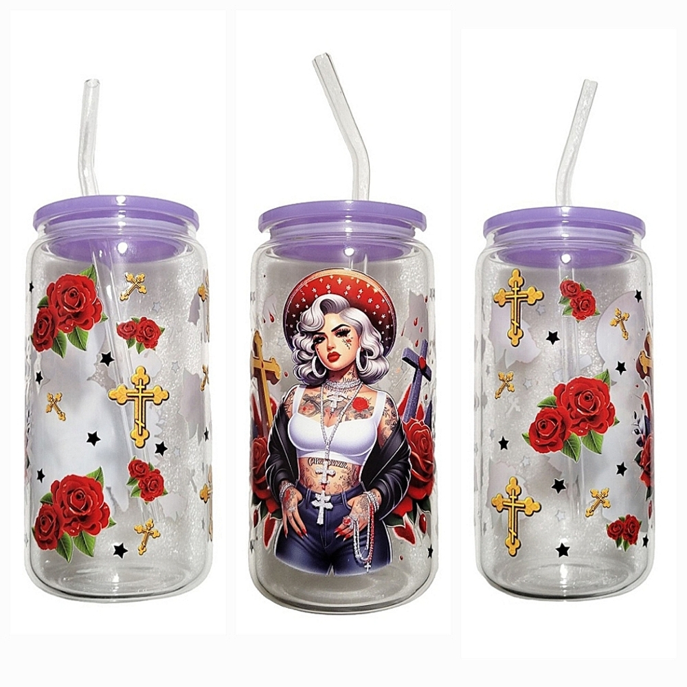 Chicana Tattoo Art Roses Glass Tumbler Cup 16oz Red Design